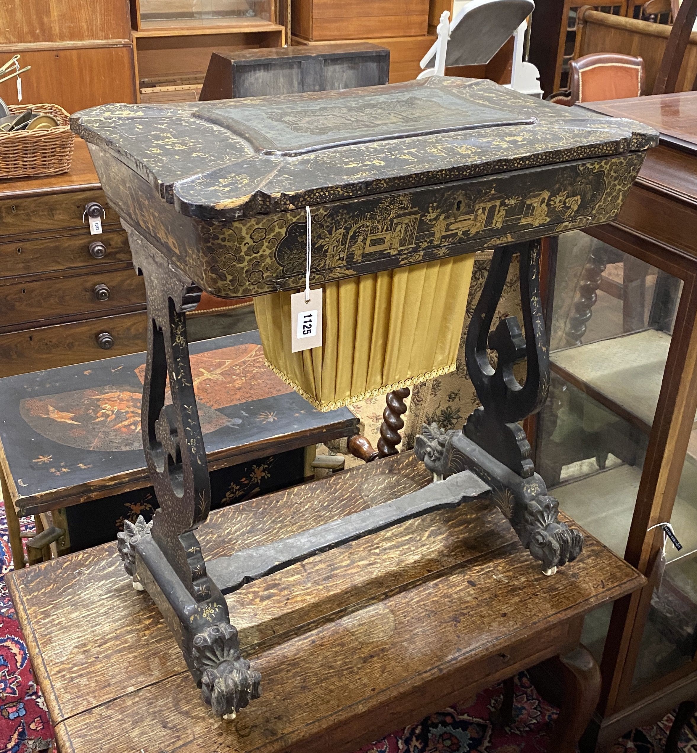 A 19th century export Chinese lacquer work table, width 64cm, depth 42cm, height 73cm